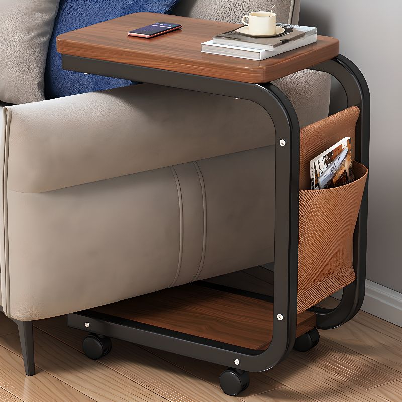 Masuta Cafea sau Laptop Mobila, Design Compact, Otel Carbon, 2 Blaturi Lemn, 4 Roti, Buzunar Depozitare, 65x45x30 cm [10]