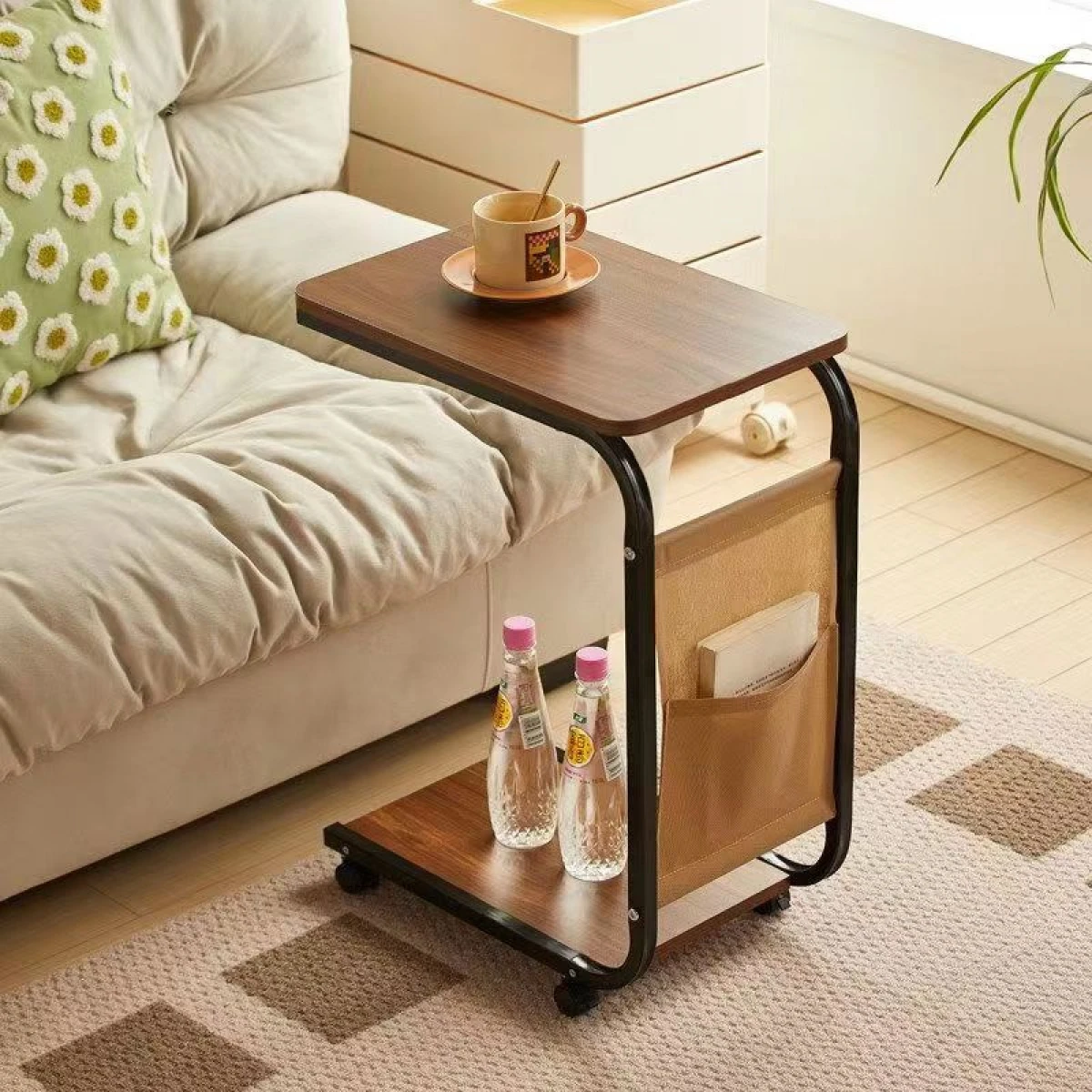 Masuta Cafea sau Laptop Mobila, Design Compact, Otel Carbon, 2 Blaturi Lemn, 4 Roti, Buzunar Depozitare, 65x45x30 cm [9]