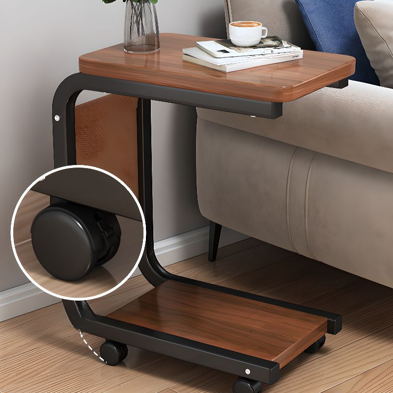 Masuta Cafea sau Laptop Mobila, Design Compact, Otel Carbon, 2 Blaturi Lemn, 4 Roti, Buzunar Depozitare, 65x45x30 cm [4]