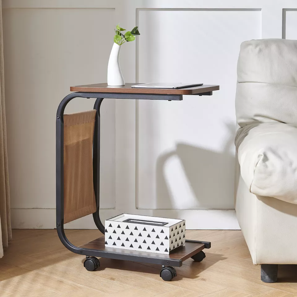 Masuta Cafea sau Laptop Mobila, Design Compact, Otel Carbon, 2 Blaturi Lemn, 4 Roti, Buzunar Depozitare, 65x45x30 cm [7]