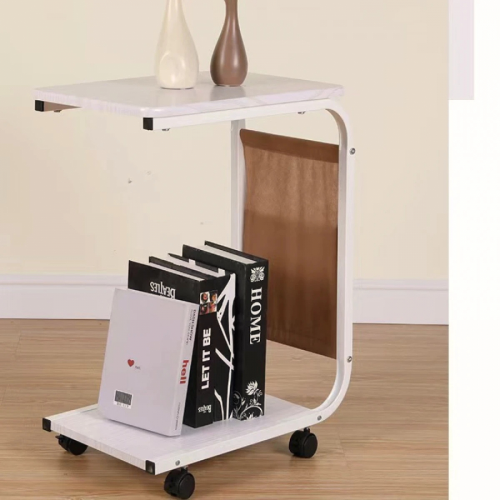 Masuta Cafea sau Laptop Mobila, Design Compact, Otel Carbon, 2 Blaturi Lemn, 4 Roti, Buzunar Depozitare, 65x45x30 cm [3]