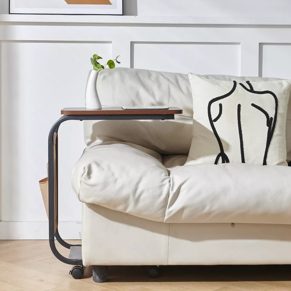 Masuta Cafea sau Laptop Mobila, Design Compact, Otel Carbon, 2 Blaturi Lemn, 4 Roti, Buzunar Depozitare, 65x45x30 cm [6]