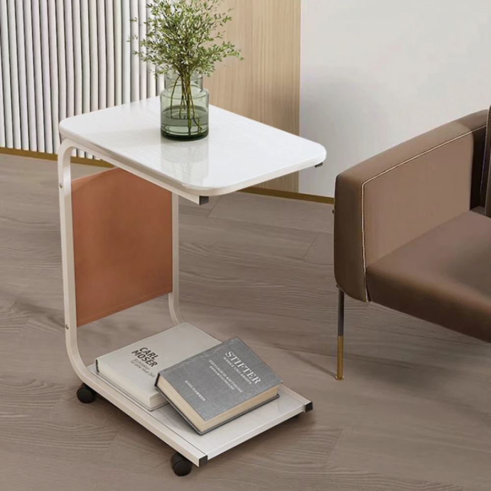 Masuta Cafea sau Laptop Mobila, Design Compact, Otel Carbon, 2 Blaturi Lemn, 4 Roti, Buzunar Depozitare, 65x45x30 cm [5]