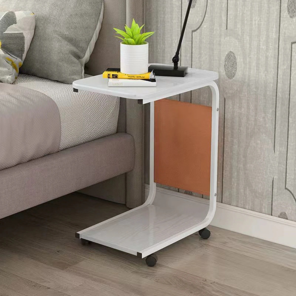 Masuta Cafea sau Laptop Mobila, Design Compact, Otel Carbon, 2 Blaturi Lemn, 4 Roti, Buzunar Depozitare, 65x45x30 cm [2]
