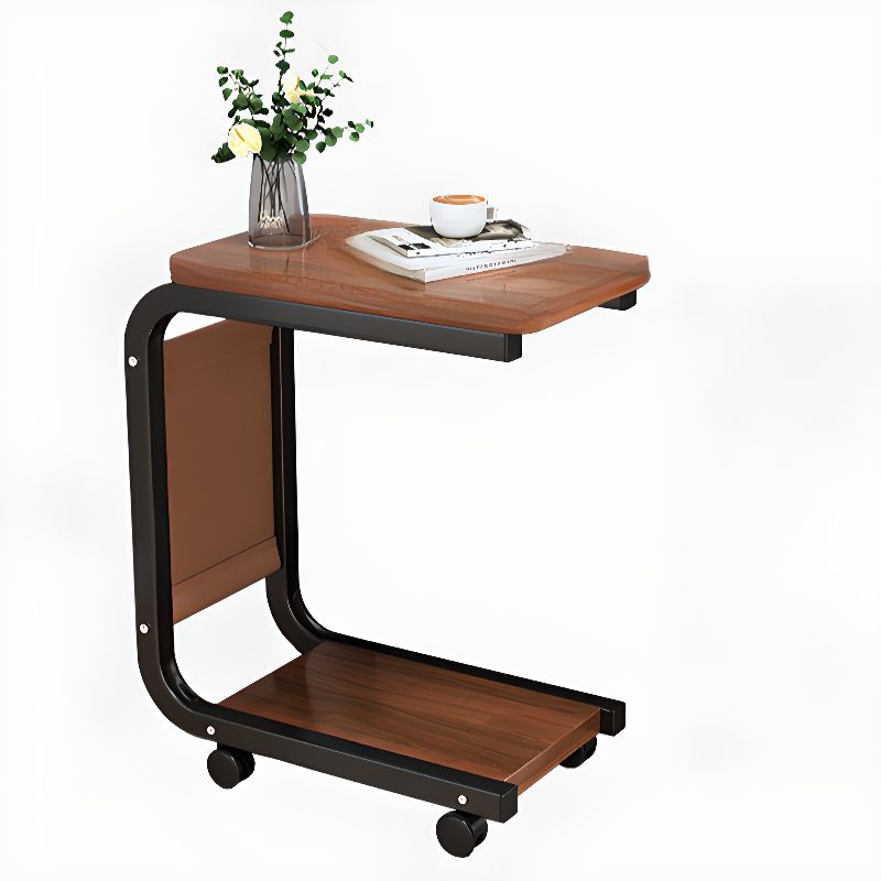 Masuta Cafea sau Laptop Mobila, Design Compact, Otel Carbon, 2 Blaturi Lemn, 4 Roti, Buzunar Depozitare, 65x45x30 cm [5]
