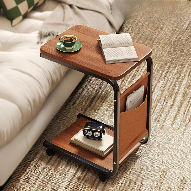Masuta Cafea sau Laptop Mobila, Design Compact, Otel Carbon, 2 Blaturi Lemn, 4 Roti, Buzunar Depozitare, 65x45x30 cm [1]