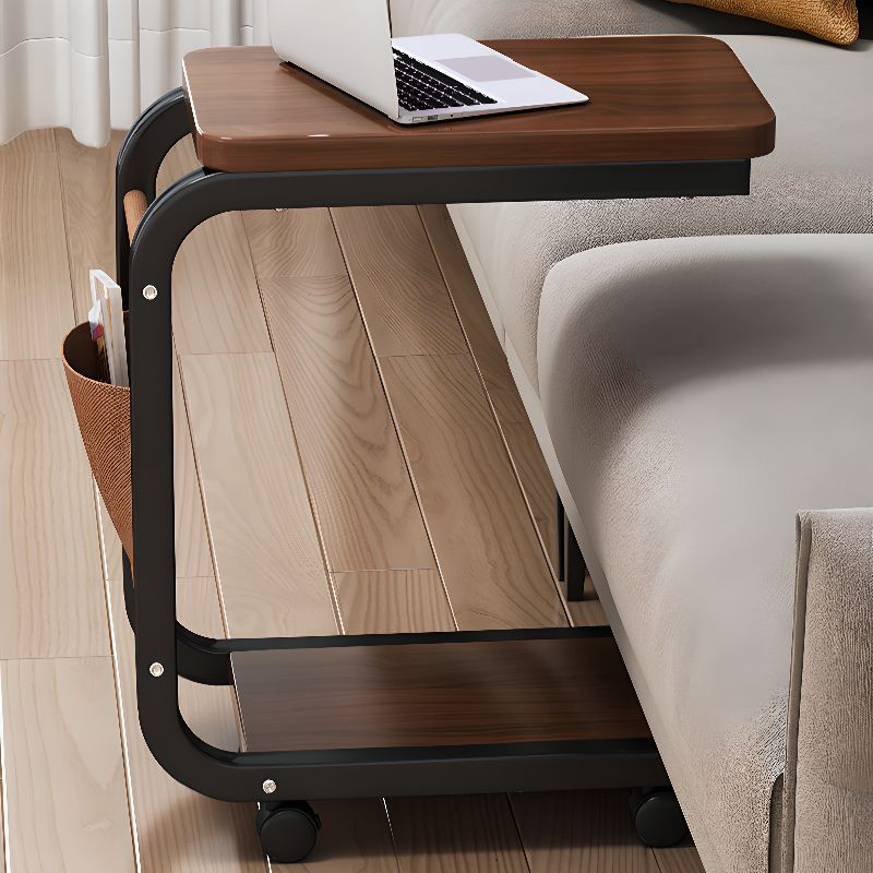 Masuta Cafea sau Laptop Mobila, Design Compact, Otel Carbon, 2 Blaturi Lemn, 4 Roti, Buzunar Depozitare, 65x45x30 cm [3]