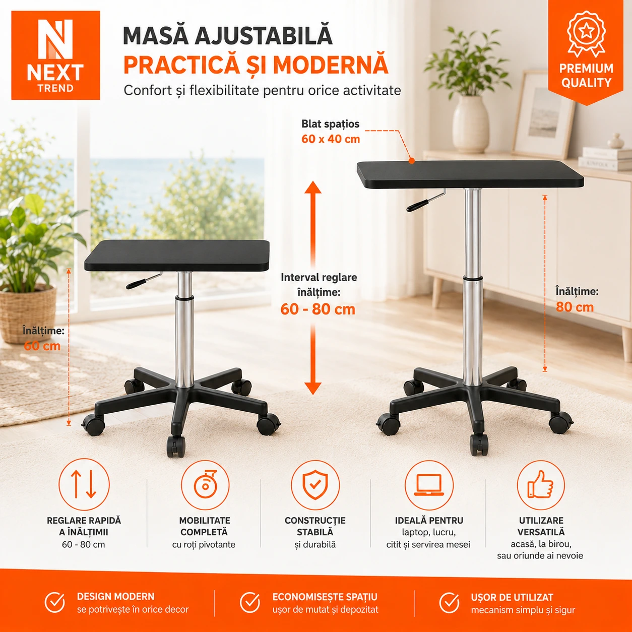 Măsuță Laptop Reglabilă pe înălțime cu Piston Pneumatic 60-80 cm, Blat MDF 60x40 cm, Negru – Birou Mobil Ergonomic pentru Pat, Canapea și Office [4]