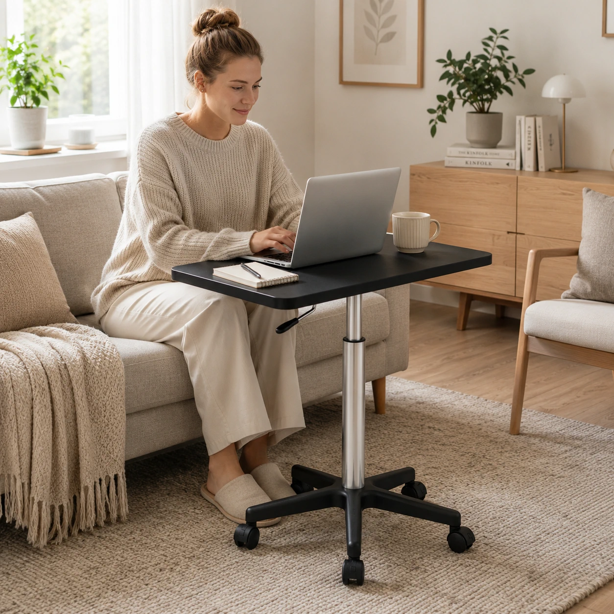 Măsuță Laptop Reglabilă pe înălțime cu Piston Pneumatic 60-80 cm, Blat MDF 60x40 cm, Negru – Birou Mobil Ergonomic pentru Pat, Canapea și Office [6]