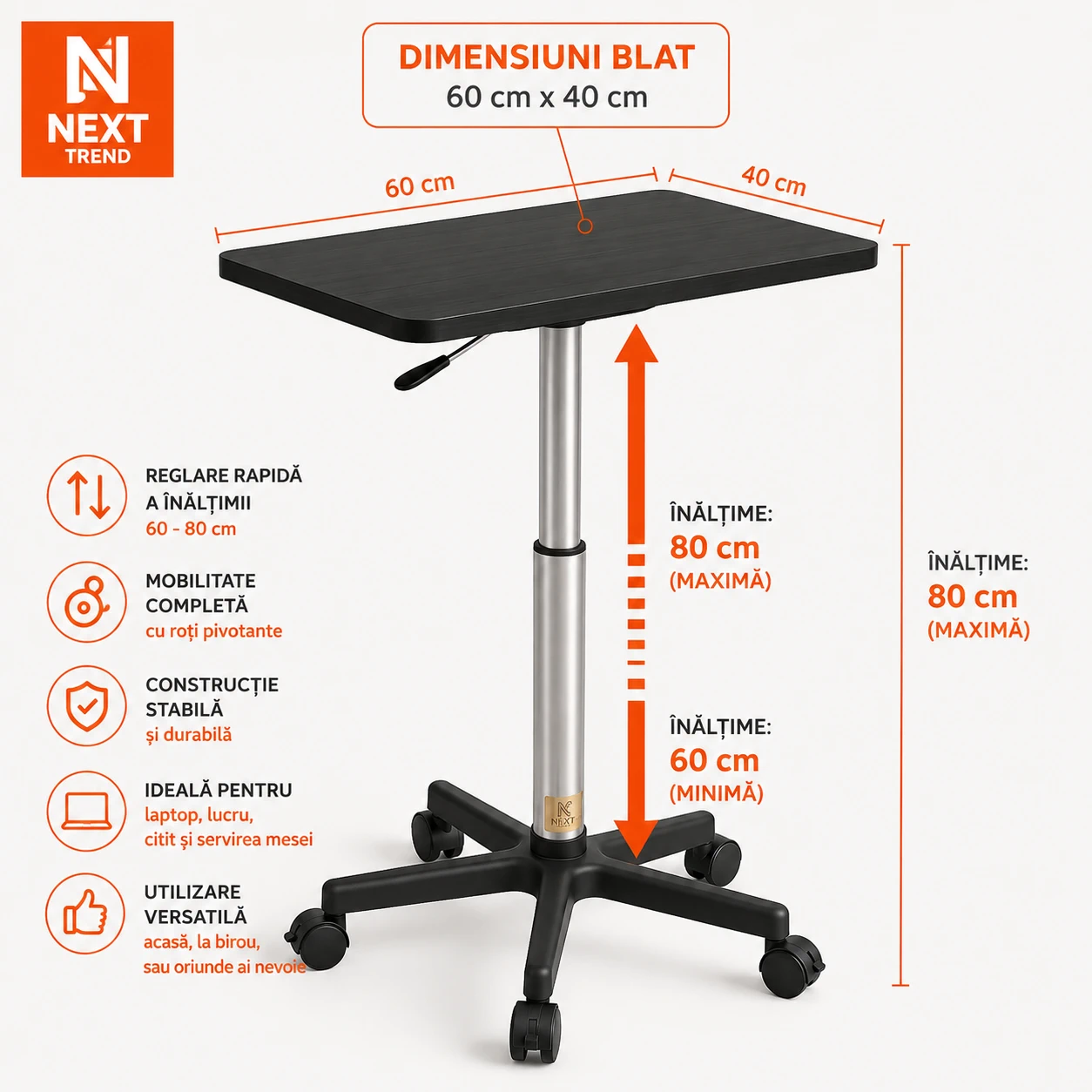 Măsuță Laptop Reglabilă pe înălțime cu Piston Pneumatic 60-80 cm, Blat MDF 60x40 cm, Negru – Birou Mobil Ergonomic pentru Pat, Canapea și Office [5]
