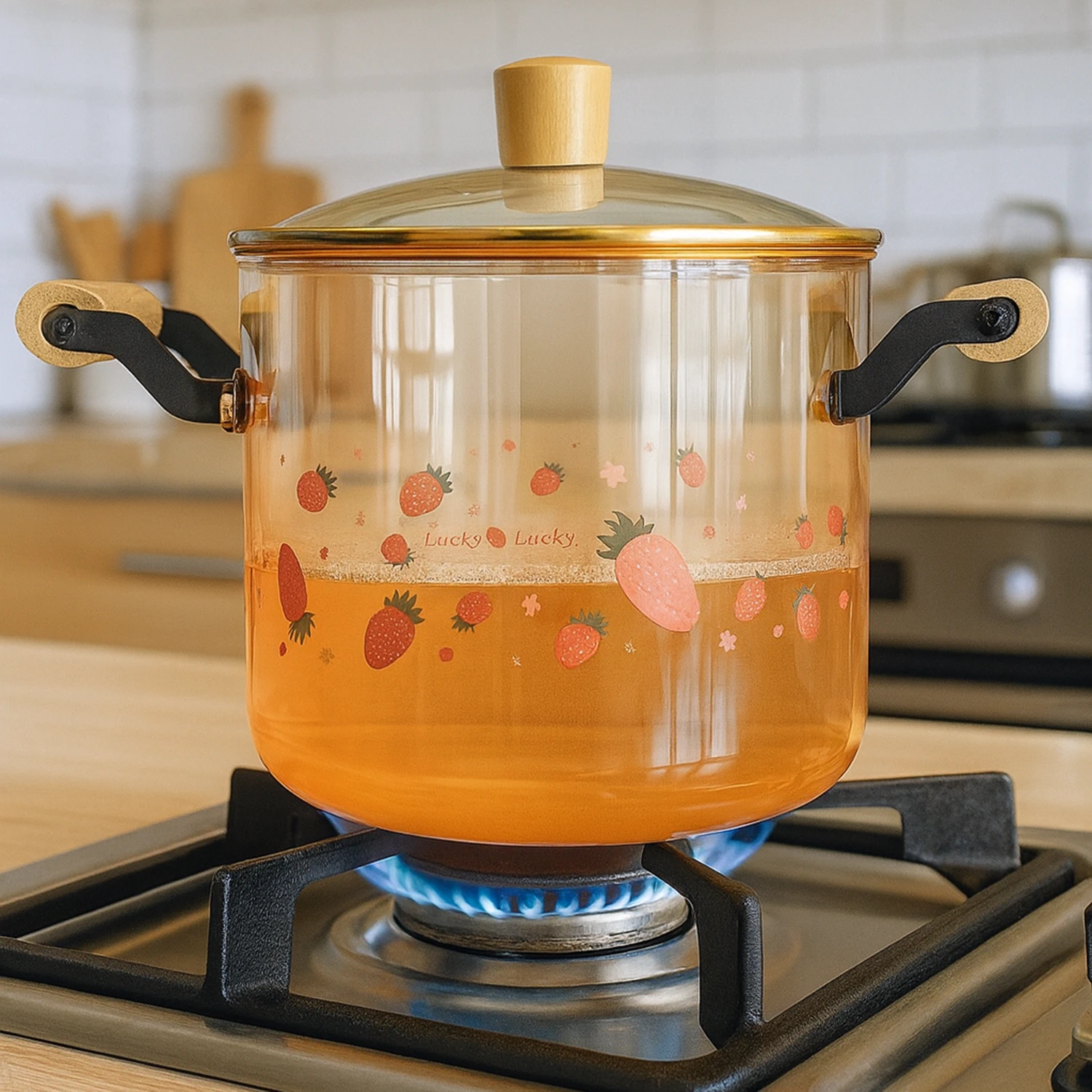 Oala Sticla Borosilicata - 5,5 litri, Decor – Capsuni, Termorezistenta, Transparenta, cu Capac si Maner din lemn, pentru Gatire si Servire [1]