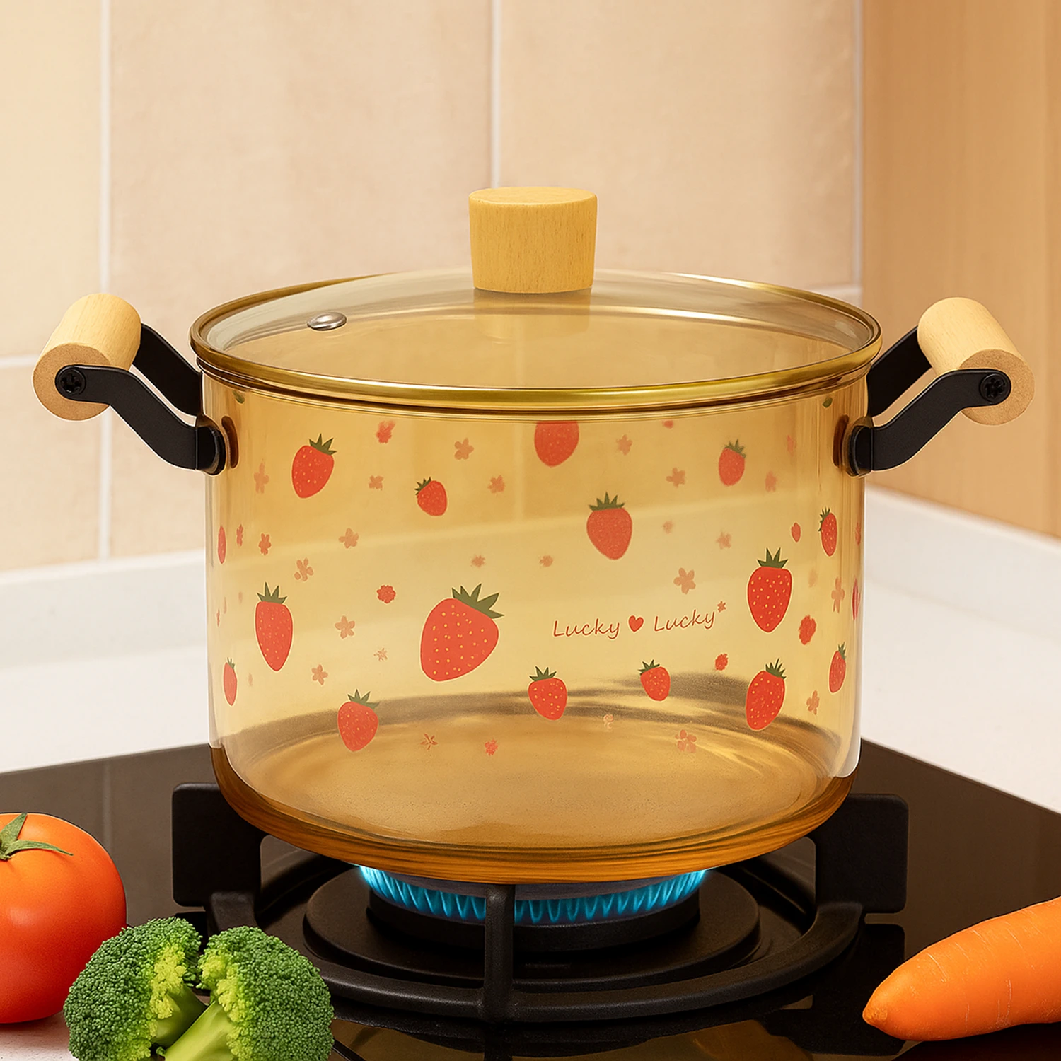 Oala Sticla Borosilicata - 5,5 litri, Decor – Capsuni, Termorezistenta, Transparenta, cu Capac si Maner din lemn, pentru Gatire si Servire [2]