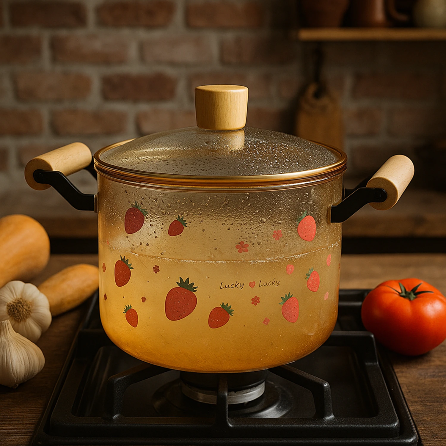 Oala Sticla Borosilicata - 5,5 litri, Decor – Capsuni, Termorezistenta, Transparenta, cu Capac si Maner din lemn, pentru Gatire si Servire [4]
