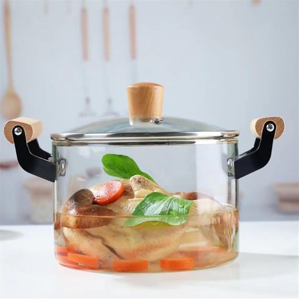 Oala Sticla Borosilicata - Termorezistenta, Transparenta, cu Capac si Maner din lemn, pentru Gatire si Servire [10]