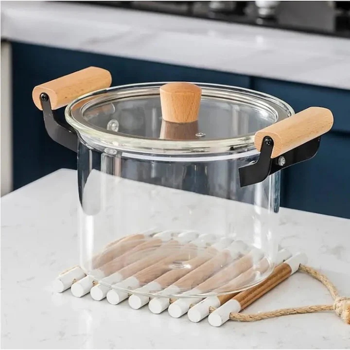 Oala Sticla Borosilicata - Termorezistenta, Transparenta, cu Capac si Maner din lemn, pentru Gatire si Servire [14]