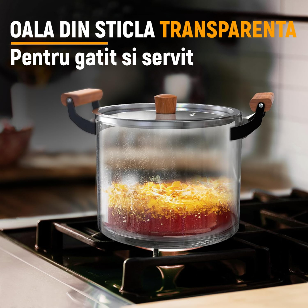 Oala Sticla Borosilicata - Termorezistenta, Transparenta, cu Capac si Maner din lemn, pentru Gatire si Servire [5]