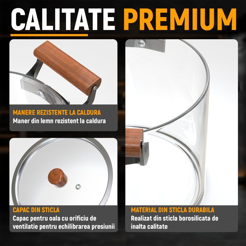 Oala Sticla Borosilicata - Termorezistenta, Transparenta, cu Capac si Maner din lemn, pentru Gatire si Servire [4]