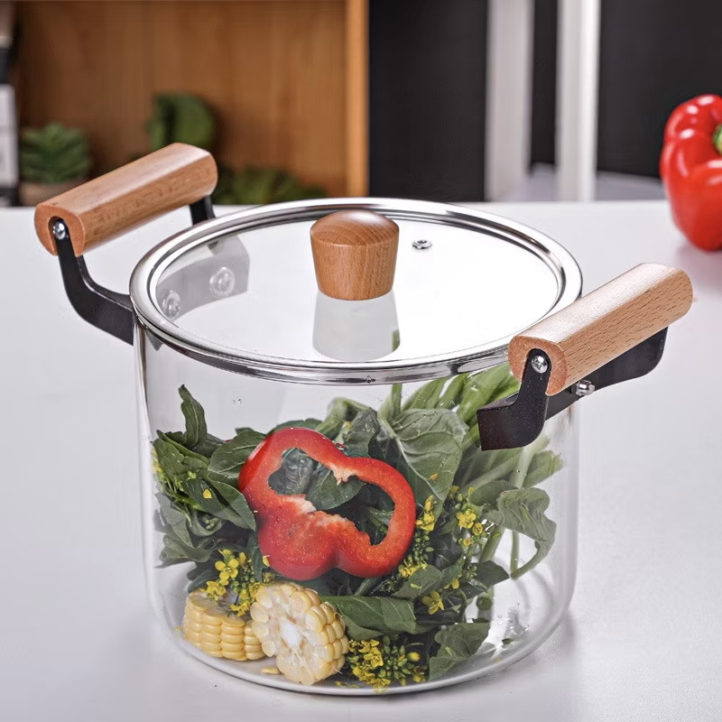 Oala Sticla Borosilicata - Termorezistenta, Transparenta, cu Capac si Maner din lemn, pentru Gatire si Servire [1]