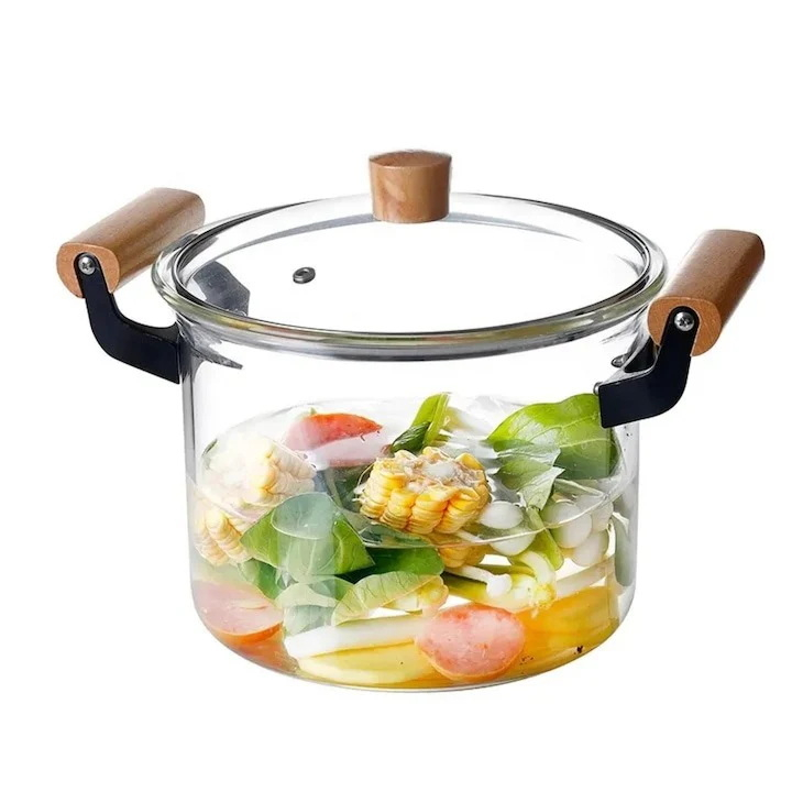 Oala Sticla Borosilicata - Termorezistenta, Transparenta, cu Capac si Maner din lemn, pentru Gatire si Servire [2]