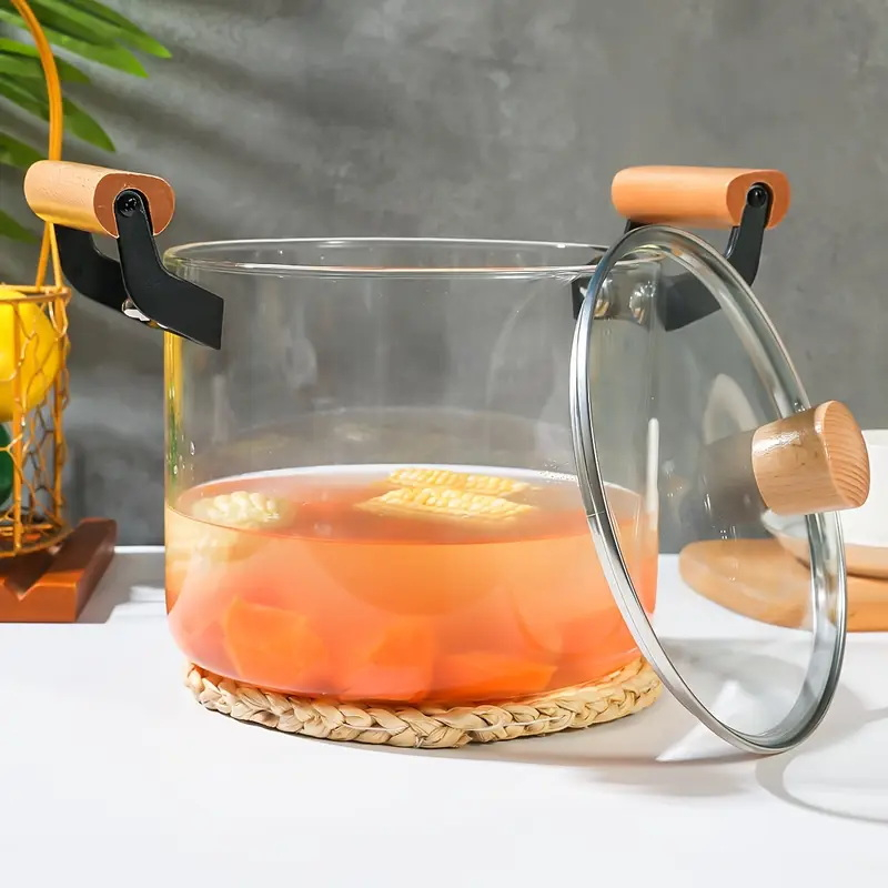 Oala Sticla Borosilicata - Termorezistenta, Transparenta, cu Capac si Maner din lemn, pentru Gatire si Servire [16]
