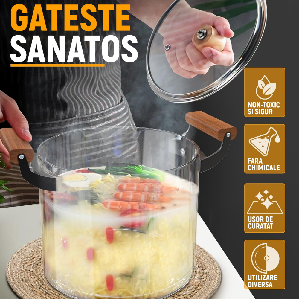 Oala Sticla Borosilicata - Termorezistenta, Transparenta, cu Capac si Maner din lemn, pentru Gatire si Servire [3]