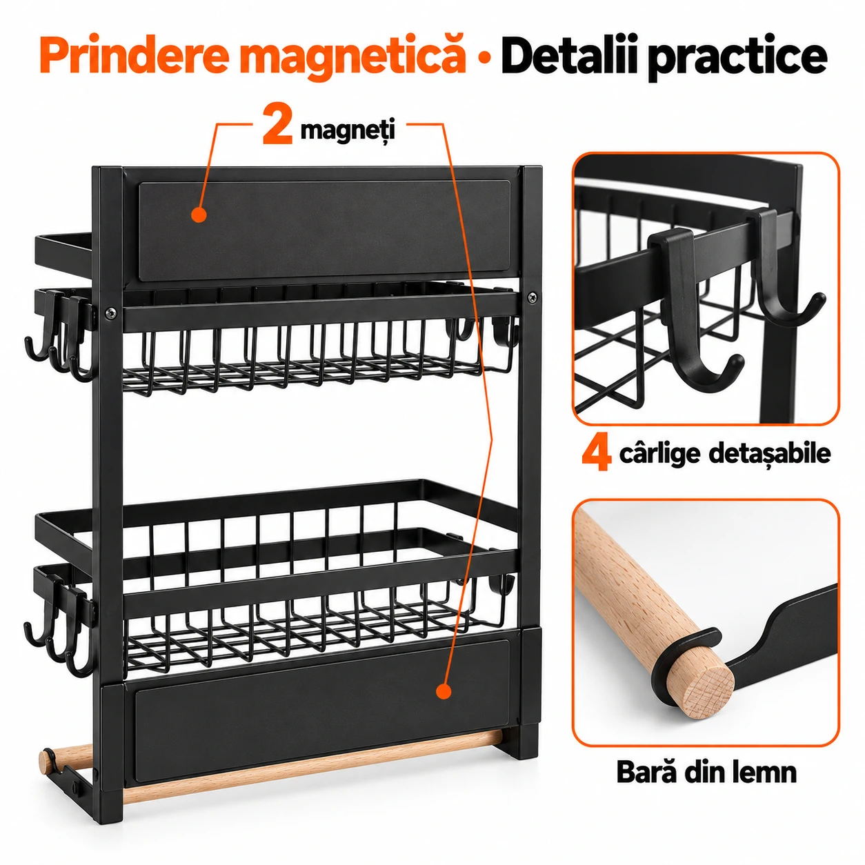 Raft magnetic frigider Next Trend, organizator bucatarie 2 niveluri, negru [6]
