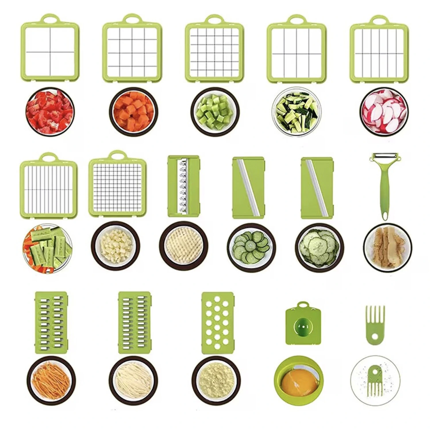 Răzătoare Legume Multifuncțional 22-în-1 cu 13 Lame Inox, Mandolină Reglabilă, Coș Scurgere și Recipient Depozitare [6]