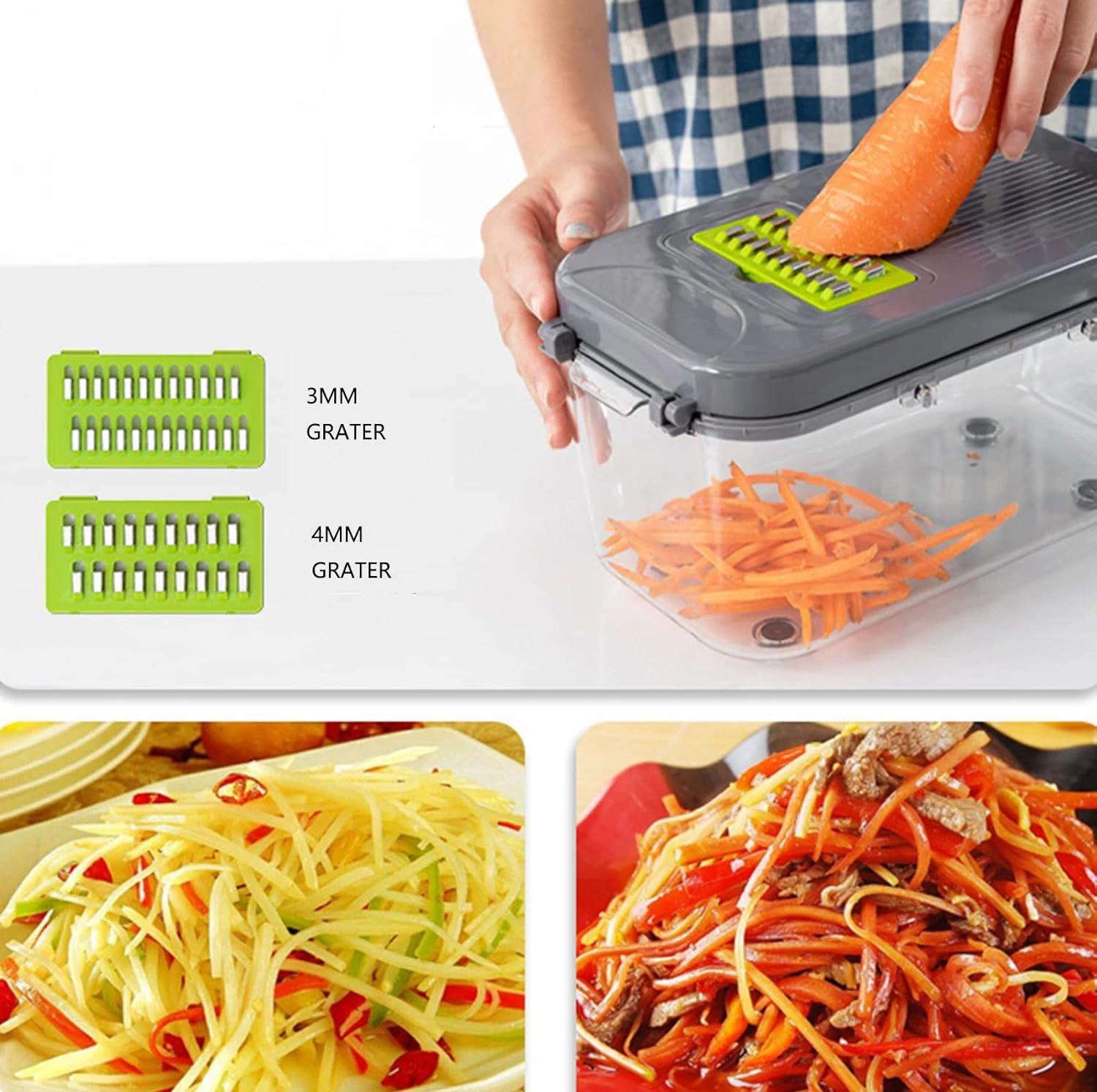 Răzătoare Legume Multifuncțional 22-în-1 cu 13 Lame Inox, Mandolină Reglabilă, Coș Scurgere și Recipient Depozitare [4]