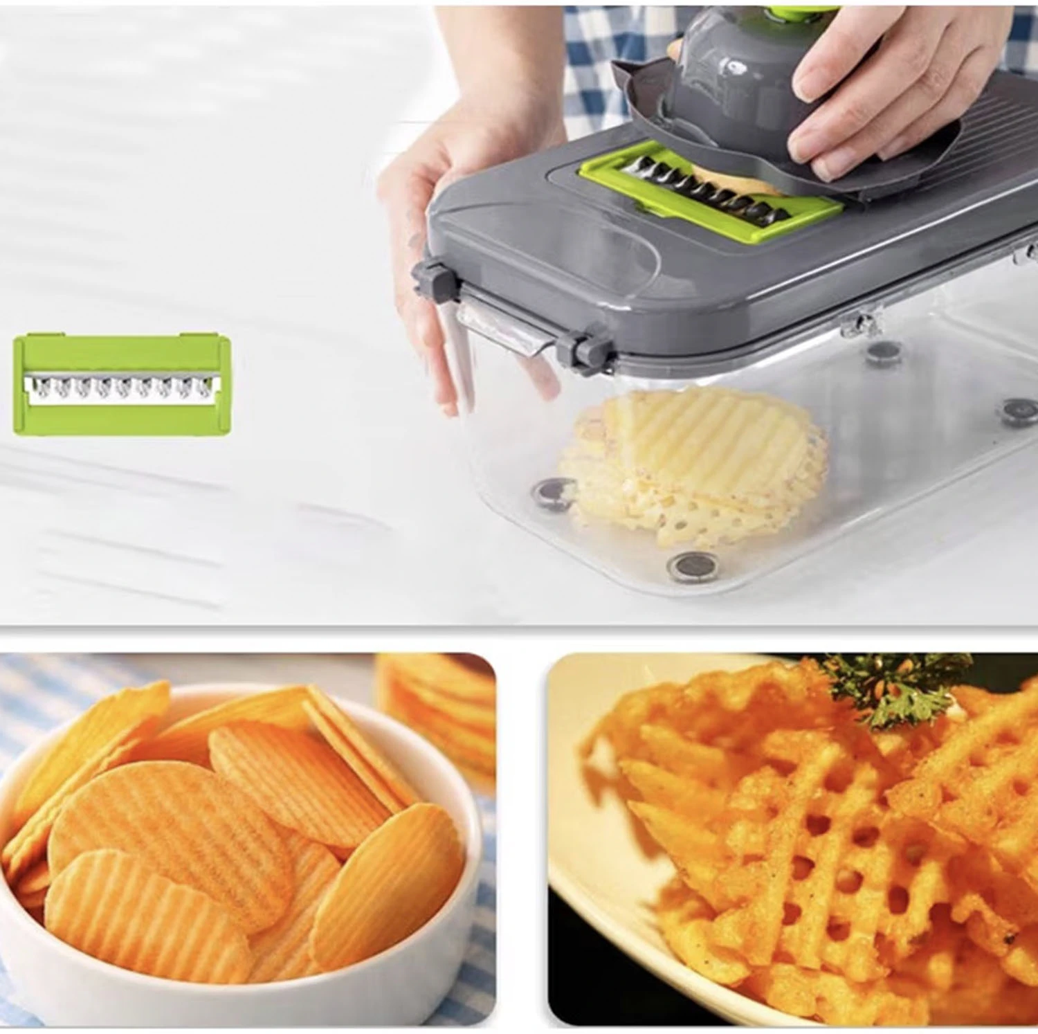 Răzătoare Legume Multifuncțional 22-în-1 cu 13 Lame Inox, Mandolină Reglabilă, Coș Scurgere și Recipient Depozitare [8]