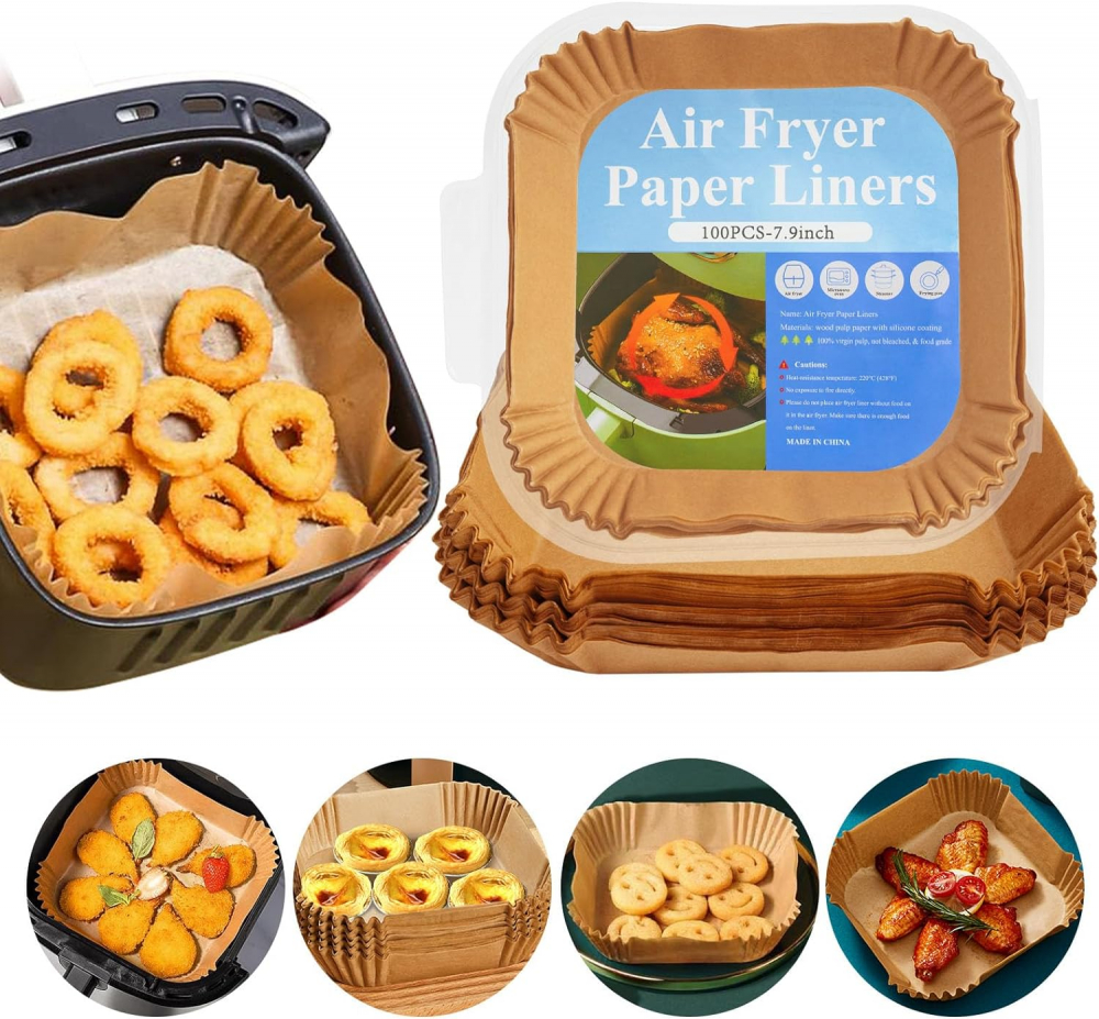 Set 100 hartii de copt pentru air fryer, Termorezistent, in suport de plastic cu capac  20 x 20 x 4.5 cm, patrat [2]