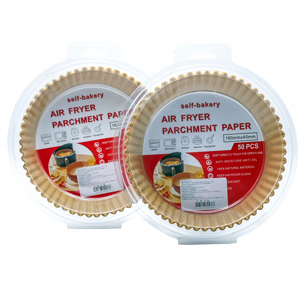 Set 2*50 Hartii de copt pentru Air fryer, Termorezistent, Antiaderent, in suport de plastic cu capac practic, 16 x 16 x 4.5 cm, rotund [1]