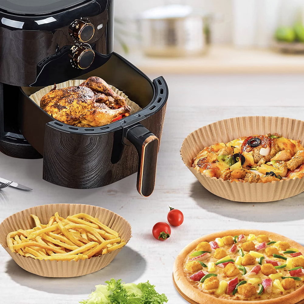 Set 2*50 Hartii de copt pentru Air fryer, Termorezistent, Antiaderent, in suport de plastic cu capac practic, 16 x 16 x 4.5 cm, rotund [5]