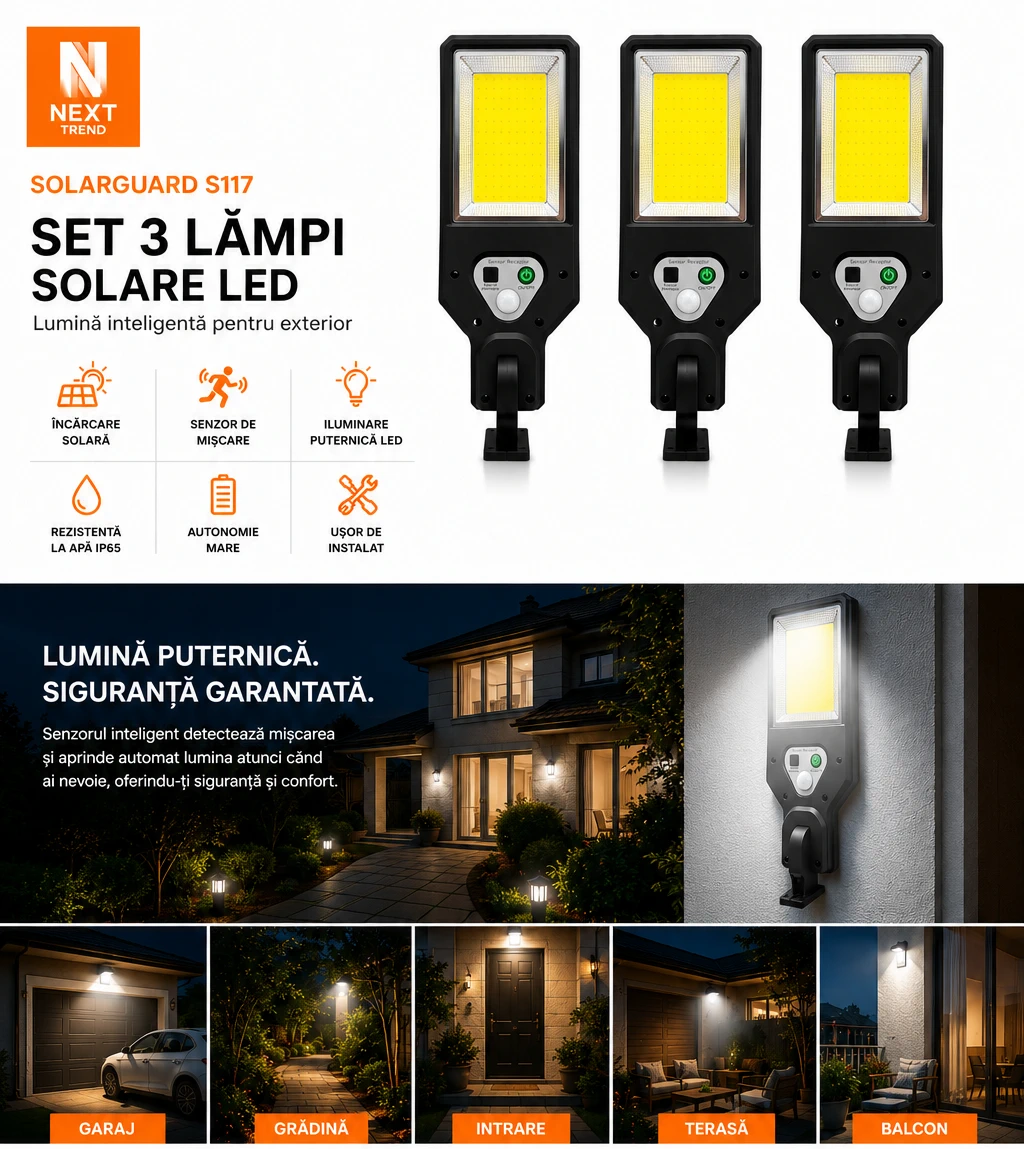 Set 3 Lămpi Solare LED Exterior Next Trend SolarGuard S117 cu Senzor de Mișcare PIR, Telecomandă și Protecție IP65 [4]