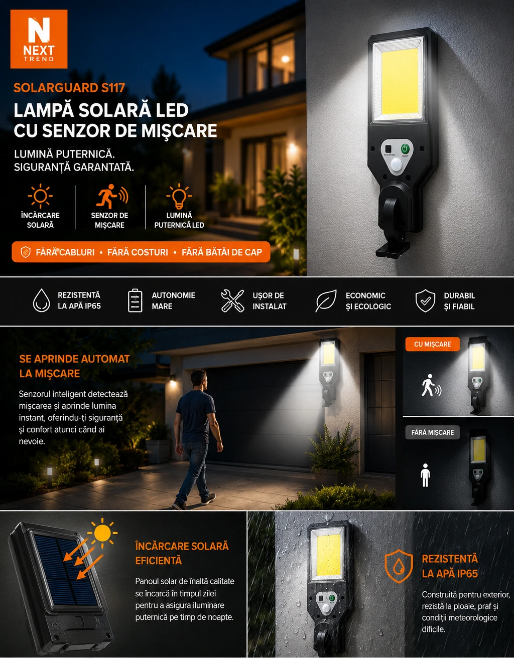 Set 3 Lămpi Solare LED Exterior Next Trend SolarGuard S117 cu Senzor de Mișcare PIR, Telecomandă și Protecție IP65 [5]