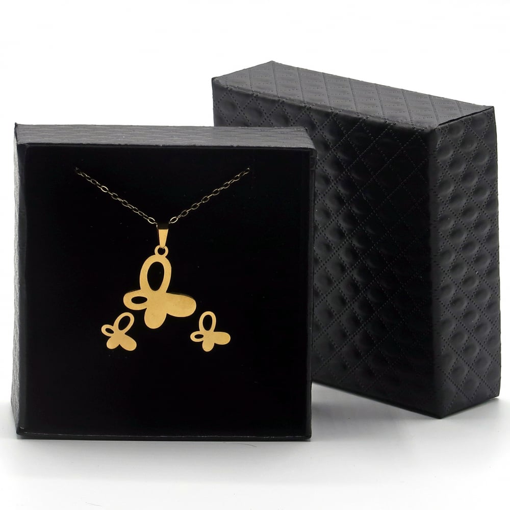 Set Bijuterii Colier si Cercei cu Pandantiv Fluture Otel inoxidabil Auriu – Eleganta si Semnificatie, Cutie eleganta cadou [3]