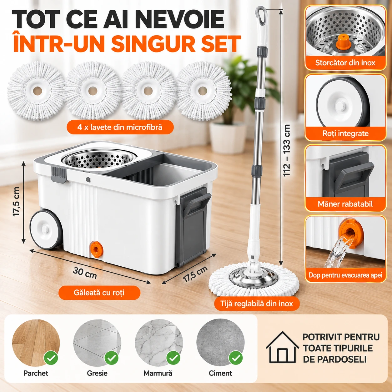 Set mop rotativ 360 cu galeata centrifuga inox 4 lavete [6]
