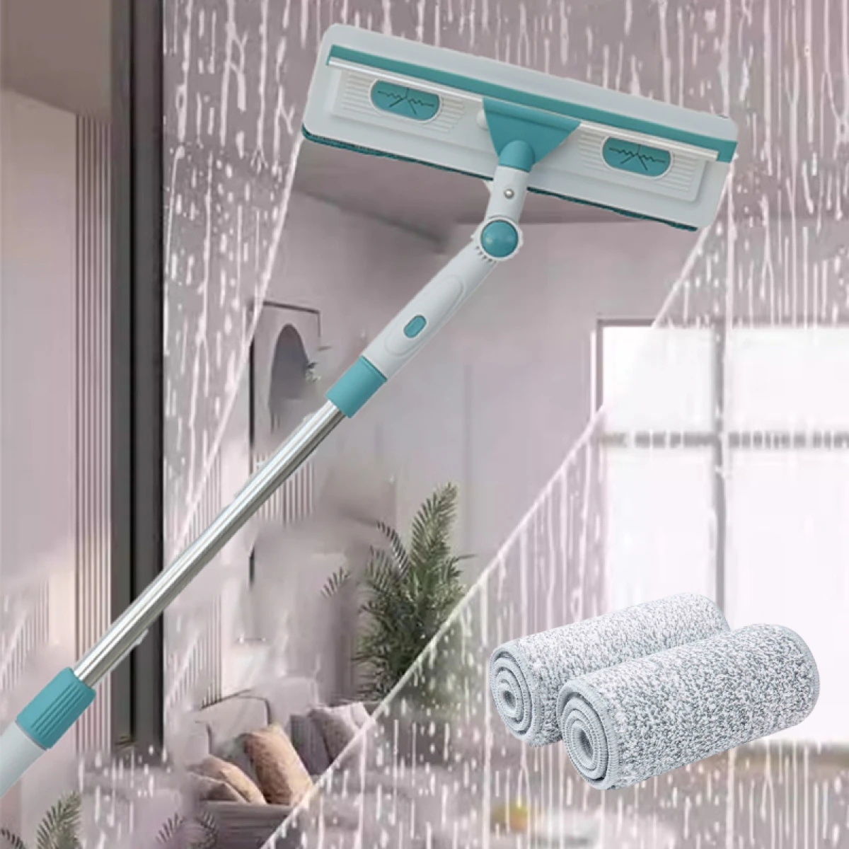 Stergator geamuri cu 2 lavete microfibra, rotativ 180°, maner telescopic reglabil 1-1.7m, racleta silicon [1]