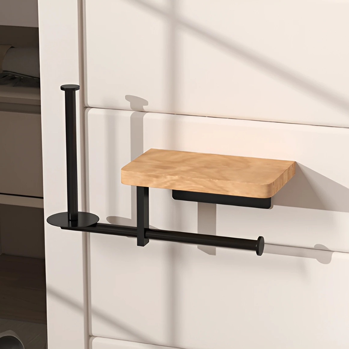 Suport hârtie igienică cu poliță din lemn și spațiu pentru rezervă – montare pe perete cu adeziv sau șuruburi, design modern Negru/Maro 27x22 cm [5]