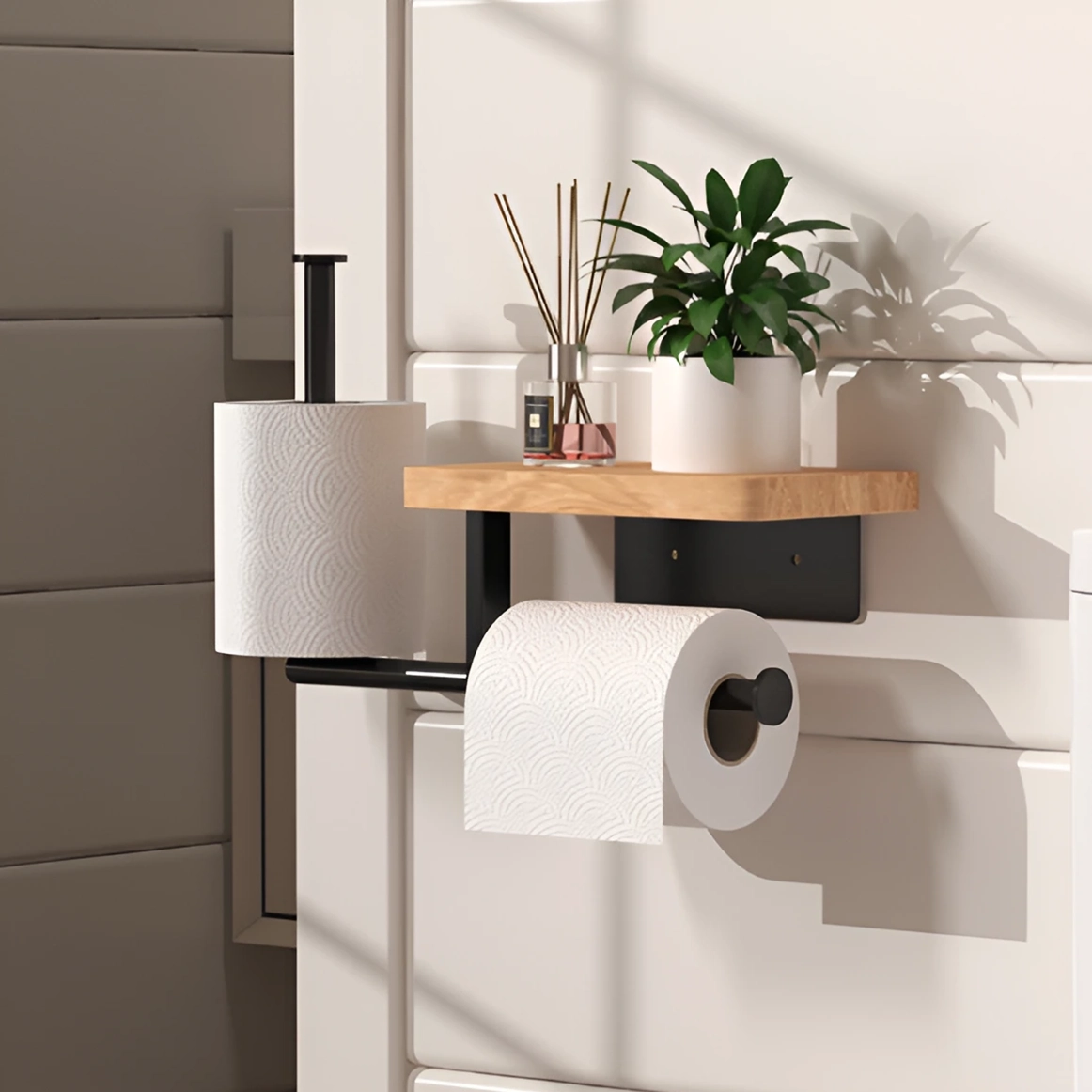 Suport hârtie igienică cu poliță din lemn și spațiu pentru rezervă – montare pe perete cu adeziv sau șuruburi, design modern Negru/Maro 27x22 cm [1]