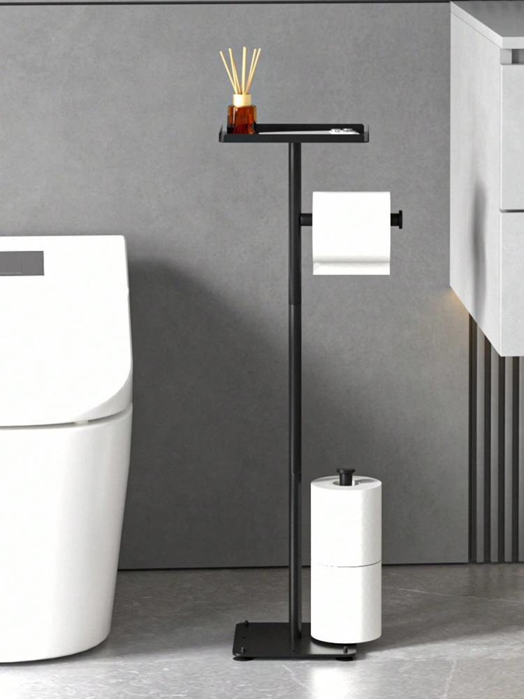 Suport metalic pentru hartie igienica cu polita accesorii, 2 spatii stocare, 72 cm, negru - Design modern si practic [5]
