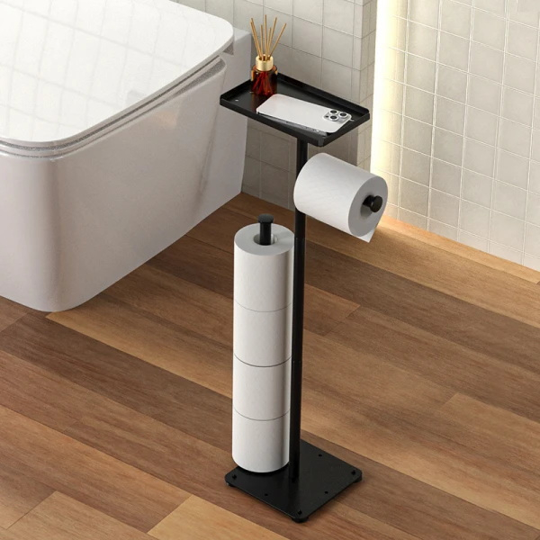 Suport metalic pentru hartie igienica cu polita accesorii, 2 spatii stocare, 72 cm, negru - Design modern si practic [1]