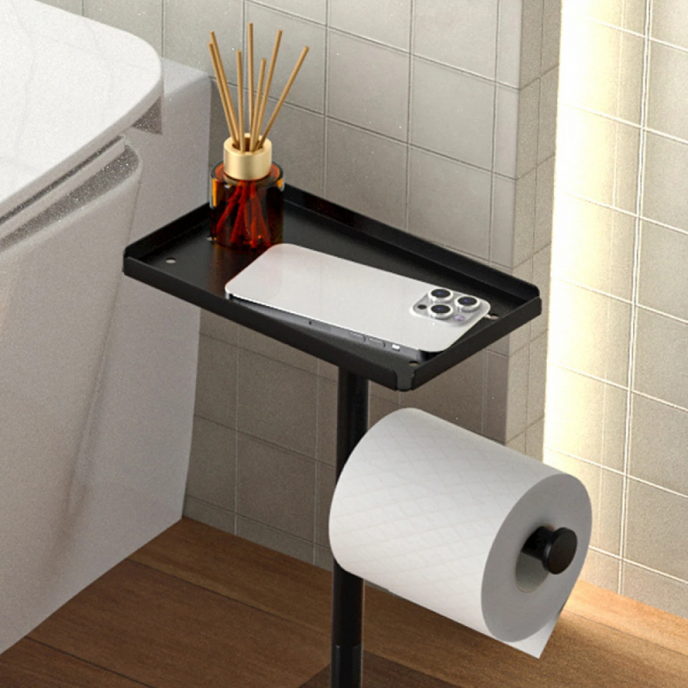Suport metalic pentru hartie igienica cu polita accesorii, 2 spatii stocare, 72 cm, negru - Design modern si practic [3]