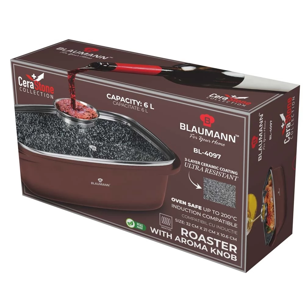 Tava Cuptor Roaster cu Capac 6L – Aluminiu Turnat, Acoperire Marmura Ceramica, 3 Straturi, 32x21x10.6 cm [3]