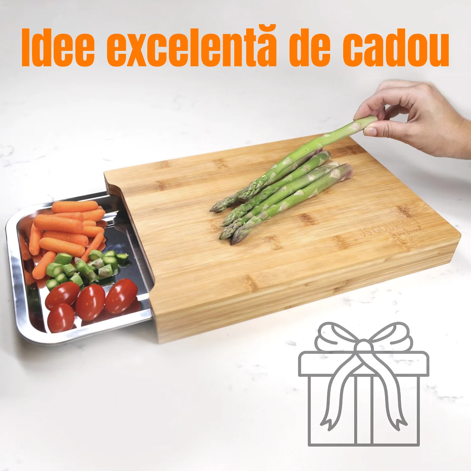 Tocator bambus cu tava inox 35x23.5x3.5 cm NEXT TREND – Tocator premium pentru fructe, legume, branzeturi [6]