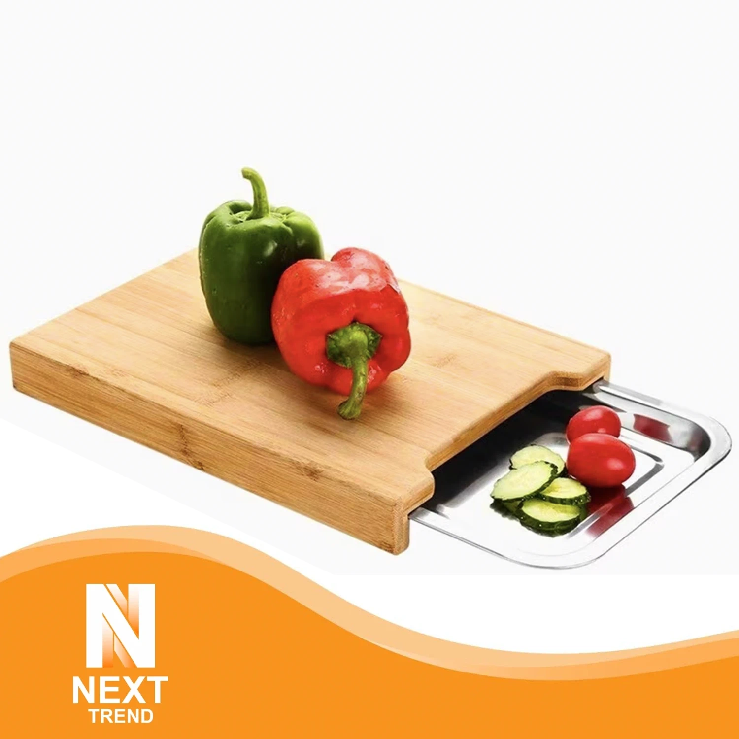 Tocator bambus cu tava inox 35x23.5x3.5 cm NEXT TREND – Tocator premium pentru fructe, legume, branzeturi [2]