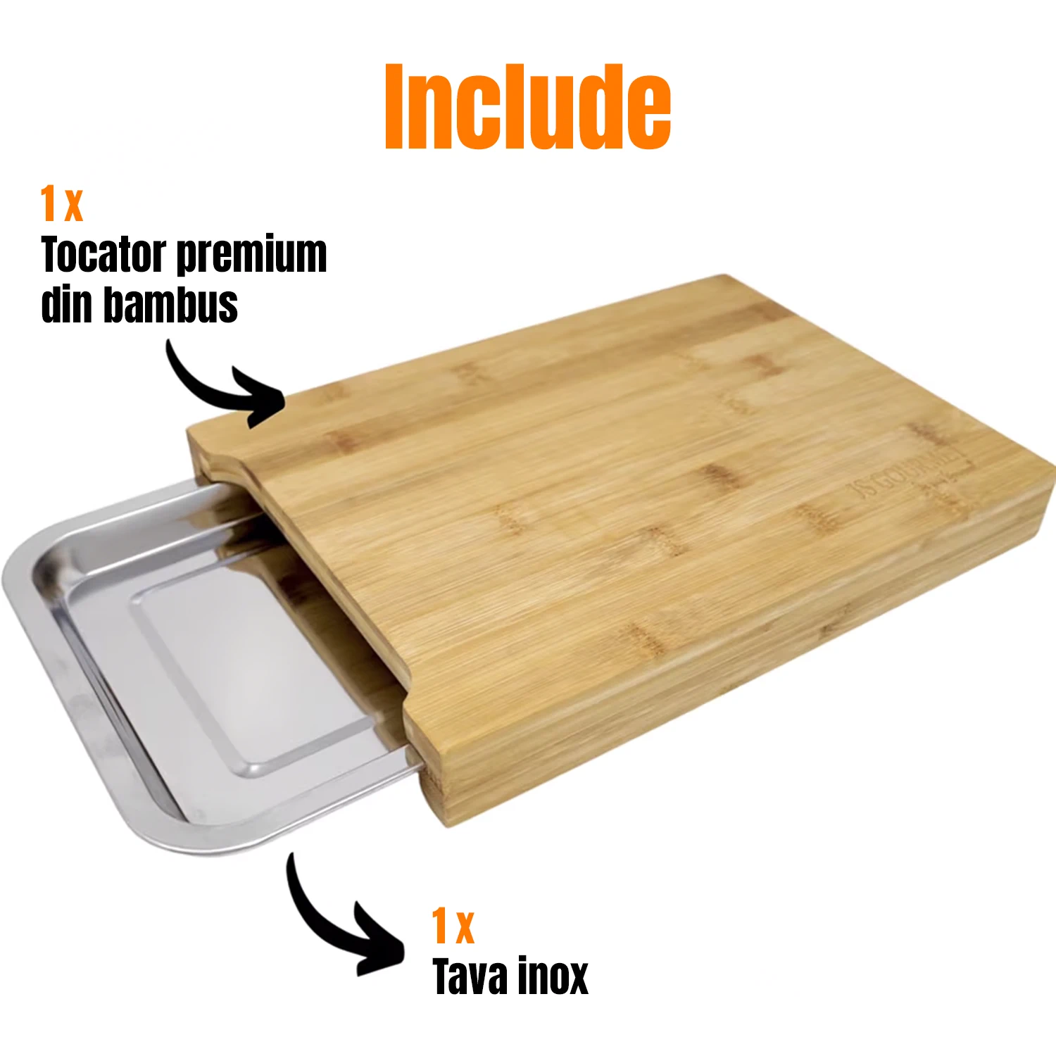 Tocator bambus cu tava inox 35x23.5x3.5 cm NEXT TREND – Tocator premium pentru fructe, legume, branzeturi [3]
