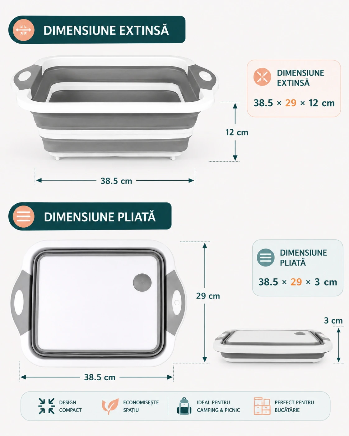 Tocător pliabil 3 în 1 pentru bucătărie și camping, bol multifuncțional cu coș de scurgere, ideal pentru legume, fructe, picnic și grătar [3]