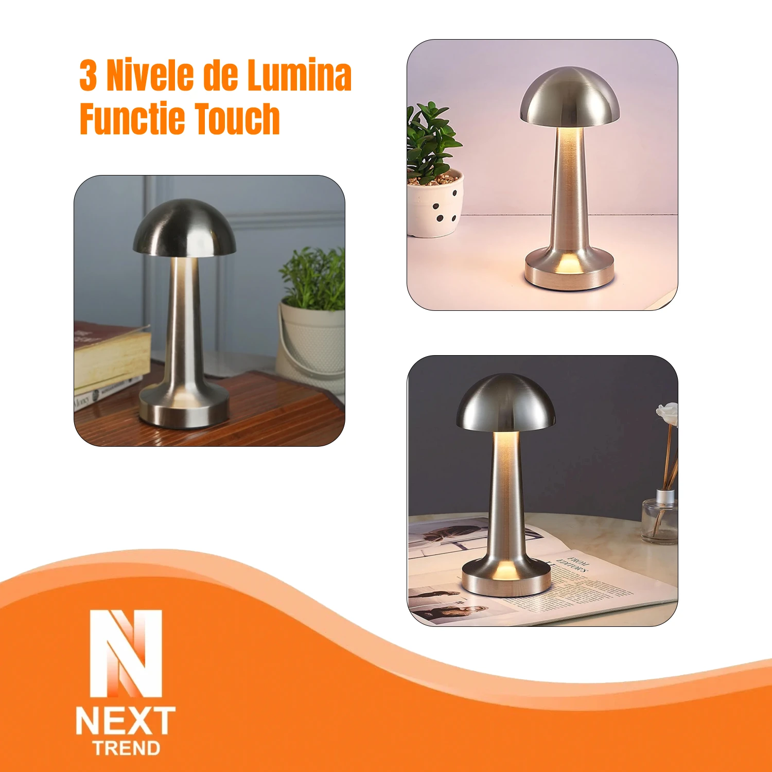 Veioza Metalica, NEXT TREND, Reincarcabila USB, 3 Nivele de Lumina, Functie Touch, 23cm, Lampa Noptiera Dormitor, Living, Birou Argintiu [2]