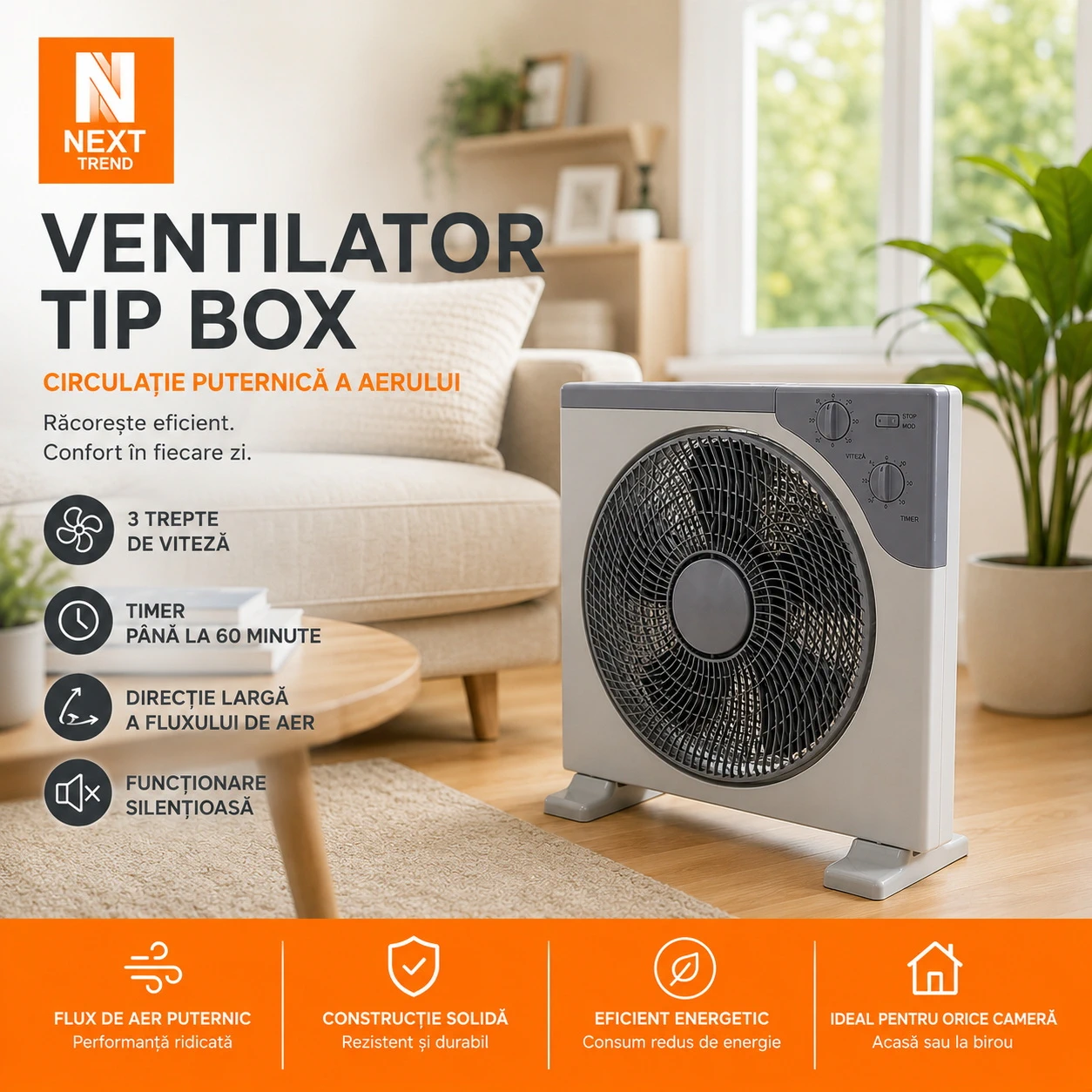 Ventilator Box Fan 30 cm cu Timer și 3 Trepte de Viteză – Răcorire Eficientă, Consum Redus și Design Compact [5]