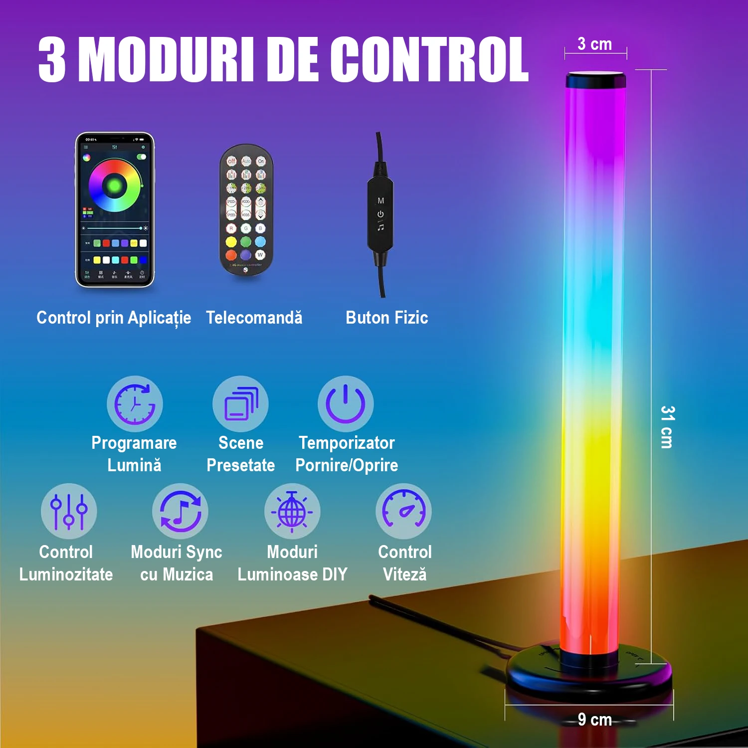Bară Luminoasă RGB 360° Smart, LED 31 cm, 16M Culori, Sync Muzică, App & Telecomandă – Ambient Gaming [3]